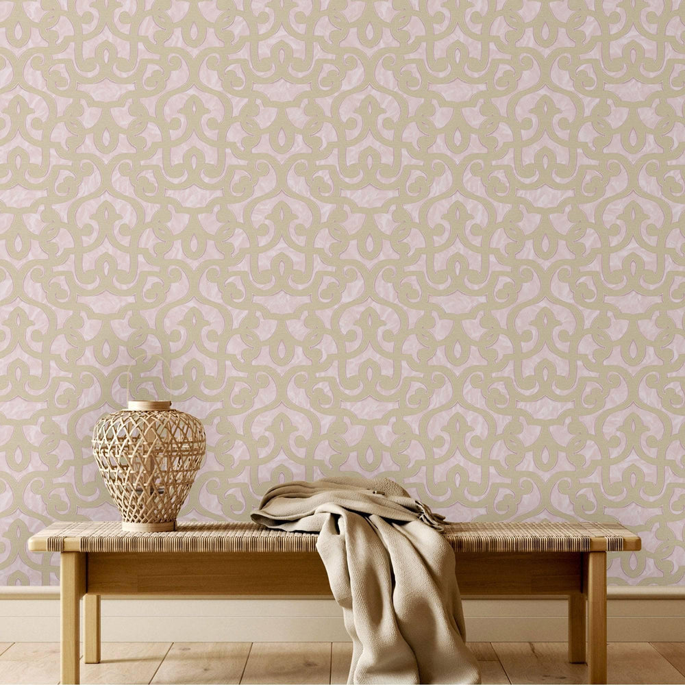 Luxury Pink Trellis Damask Wallpaper, Glam Non-Woven Wall Covering, 41.7"W x 398"H, Washable Removable for Living Room Bedroo