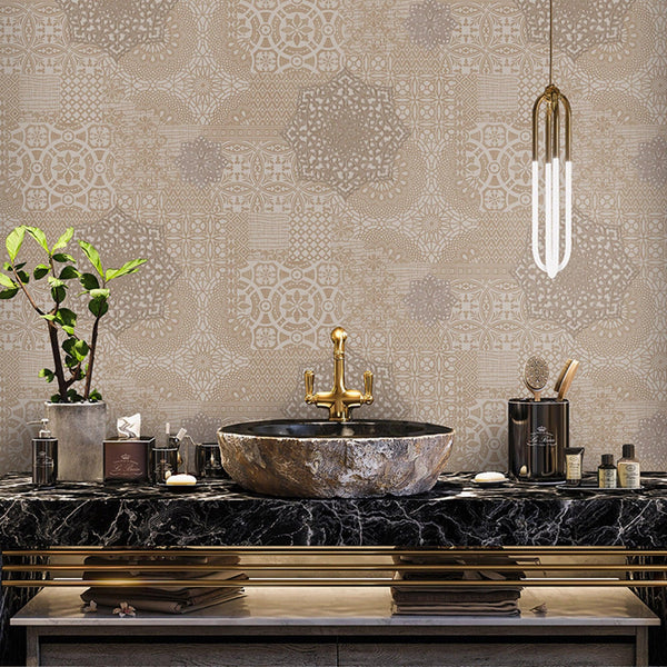 Luxury Beige Abstract Damask 3D Embossed Wallpaper, Traditional Non-Woven Wall Covering, 41.7"W x 398"H, Washable Removable f