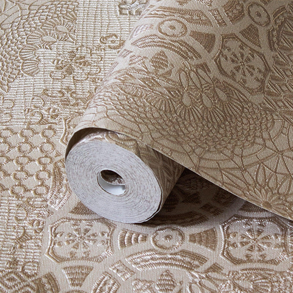 Luxury Beige Abstract Damask 3D Embossed Wallpaper, Traditional Non-Woven Wall Covering, 41.7"W x 398"H, Washable Removable f