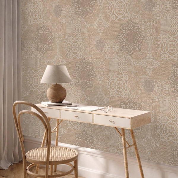 Luxury Beige Abstract Damask 3D Embossed Wallpaper, Traditional Non-Woven Wall Covering, 41.7"W x 398"H, Washable Removable f