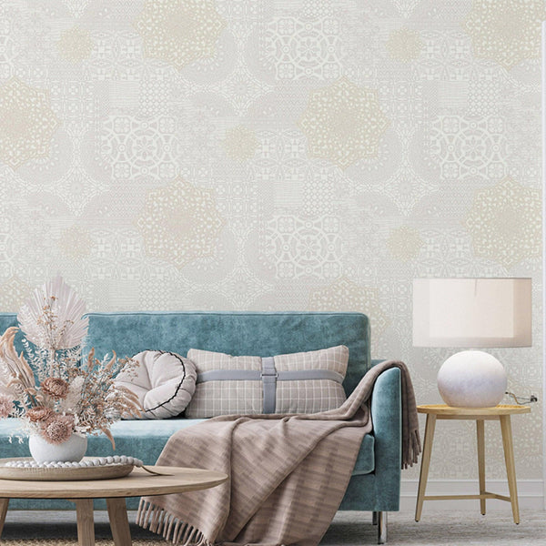 Luxury Cream Abstract Damask 3D Embossed Wallpaper, Boho Non-Woven Wall Covering, 41.7"W x 398"H, Washable Removable for Livi