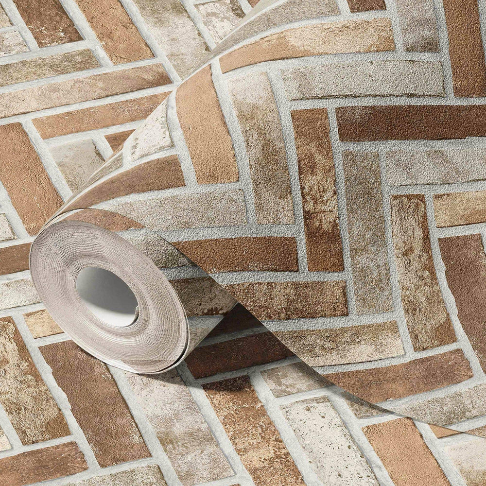 Luxury Beige Chevron Stone Textured Wallpaper, Rustic Non-Woven Wall Covering, 41.7"W x 398"H, Washable Removable for Living 