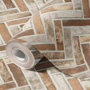 Luxury Beige Chevron Stone Textured Wallpaper, Rustic Non-Woven Wall Covering, 41.7"W x 398"H, Washable Removable for Living 