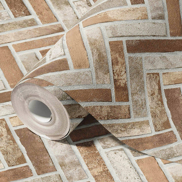 Luxury Beige Chevron Stone Textured Wallpaper, Rustic Non-Woven Wall Covering, 41.7"W x 398"H, Washable Removable for Living 