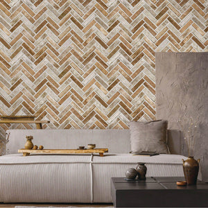 Luxury Beige Chevron Stone Textured Wallpaper, Rustic Non-Woven Wall Covering, 41.7"W x 398"H, Washable Removable for Living 
