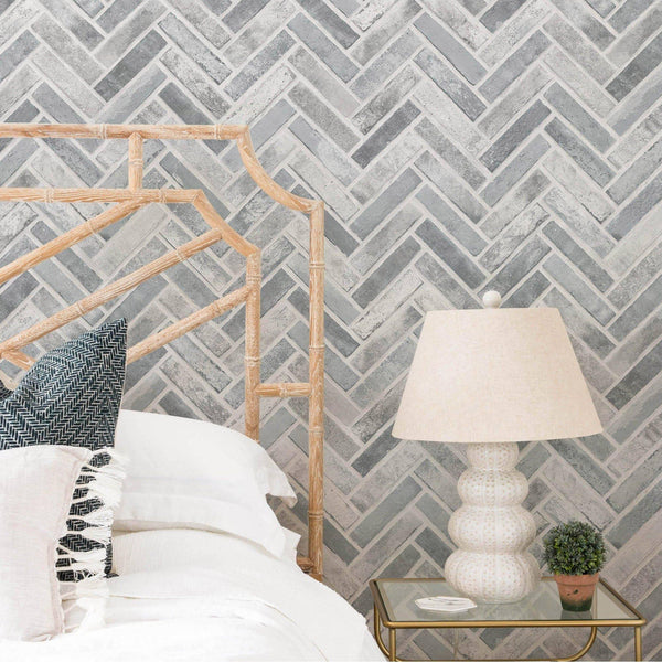 Luxury Gray Chevron Stone Textured Wallpaper, Coastal Non-Woven Wall Covering, 41.7"W x 398"H, Washable Removable for Living 
