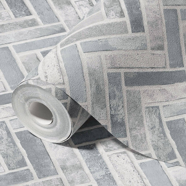 Luxury Gray Chevron Stone Textured Wallpaper, Coastal Non-Woven Wall Covering, 41.7"W x 398"H, Washable Removable for Living 