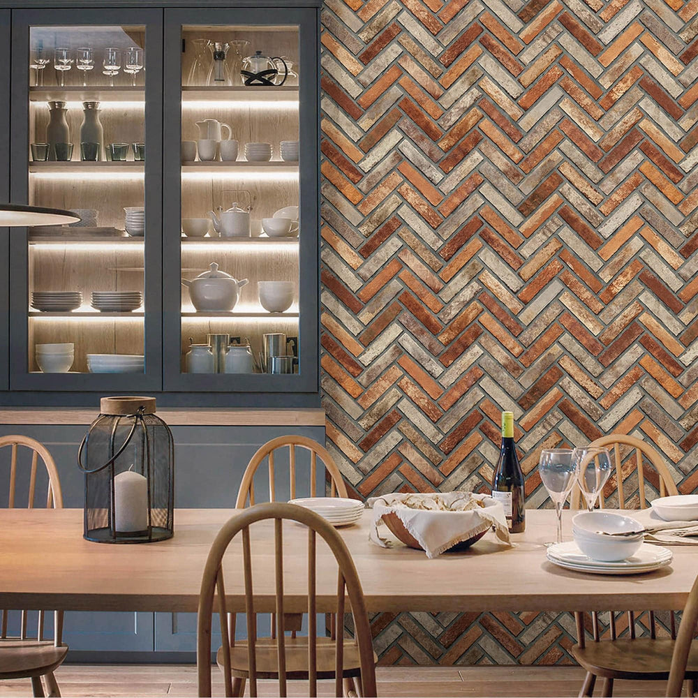 Luxury Brown Chevron Stone Textured Wallpaper, Country Non-Woven Wall Covering, 41.7"W x 398"H, Washable Removable for Living