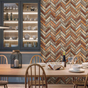 Luxury Brown Chevron Stone Textured Wallpaper, Country Non-Woven Wall Covering, 41.7"W x 398"H, Washable Removable for Living