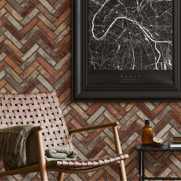 Luxury Brown Chevron Stone Textured Wallpaper, Country Non-Woven Wall Covering, 41.7"W x 398"H, Washable Removable for Living