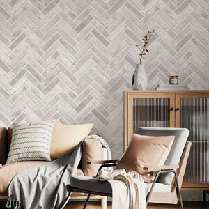 Luxury Ivory Chevron Stone Textured Wallpaper, Farmhouse Non-Woven Wall Covering, 41.7"W x 398"H, Washable Removable for Livi