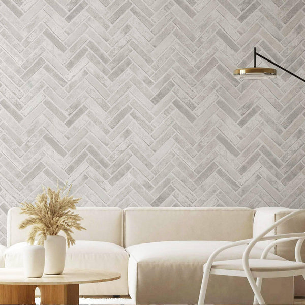 Luxury Ivory Chevron Stone Textured Wallpaper, Farmhouse Non-Woven Wall Covering, 41.7"W x 398"H, Washable Removable for Livi