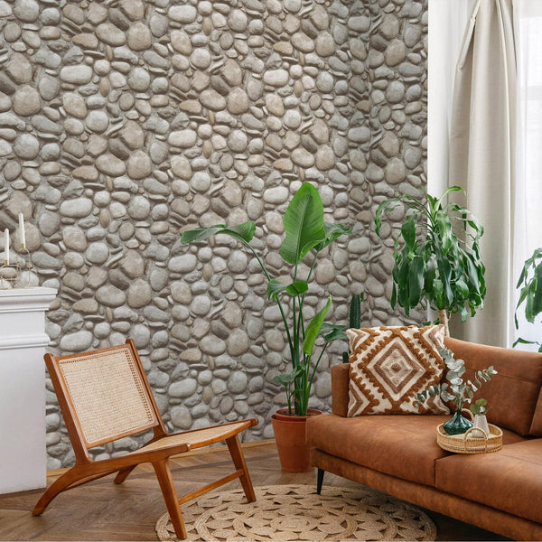Luxury Beige Stone Embossed 3D Embossed Wallpaper, Boho Non-Woven Wall Covering, 41.7"W x 398"H, Washable Removable for Livin