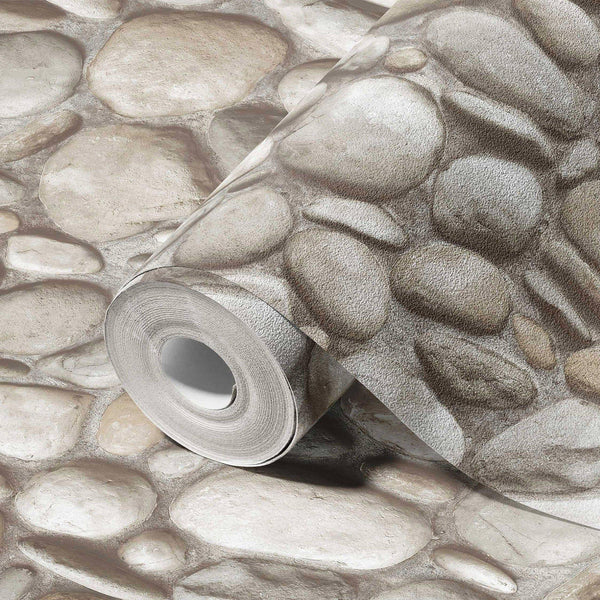 Luxury Beige Stone Embossed 3D Embossed Wallpaper, Boho Non-Woven Wall Covering, 41.7"W x 398"H, Washable Removable for Livin