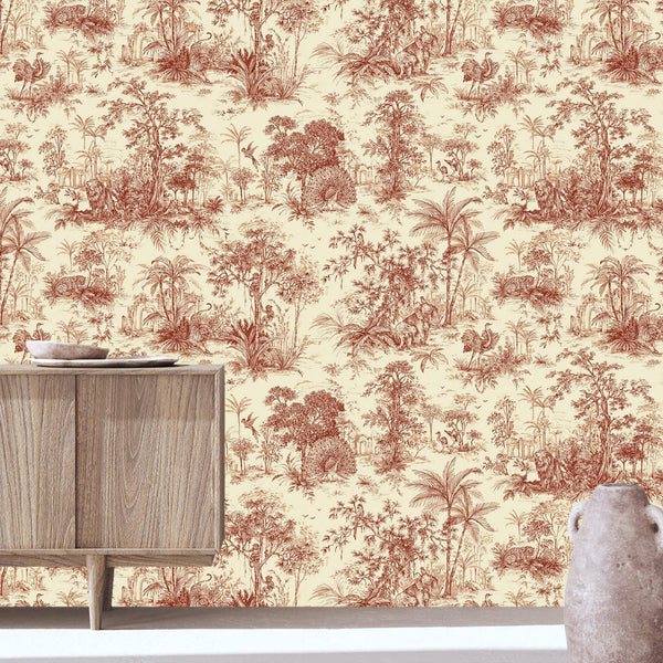 Luxury Cream Toile Tropical Textured Wallpaper, Victorian Non-Woven Wall Covering, 41.7"W x 614"H, Washable Removable for Liv