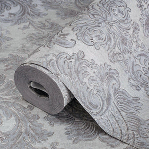 Luxury Silver Damask Embossed 3D Embossed Wallpaper, Coastal Non-Woven Wall Covering, 41.7"W x 398"H, Washable Removable for 