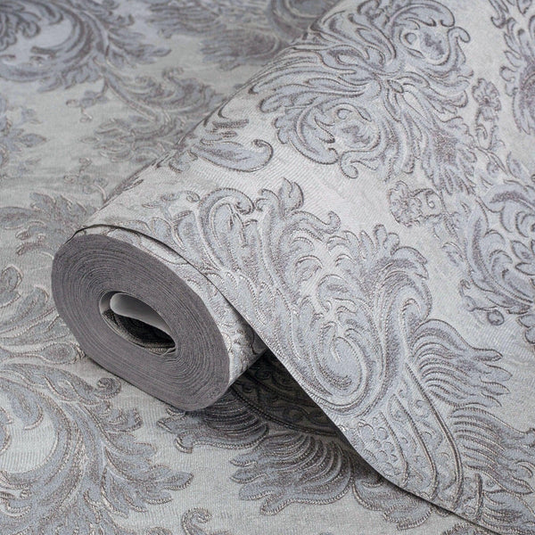 Luxury Silver Damask Embossed 3D Embossed Wallpaper, Coastal Non-Woven Wall Covering, 41.7"W x 398"H, Washable Removable for 