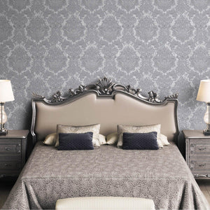 Luxury Silver Damask Embossed 3D Embossed Wallpaper, Coastal Non-Woven Wall Covering, 41.7"W x 398"H, Washable Removable for 