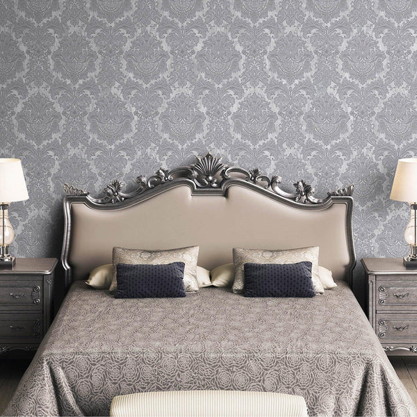 Luxury Silver Damask Embossed 3D Embossed Wallpaper, Coastal Non-Woven Wall Covering, 41.7"W x 398"H, Washable Removable for 