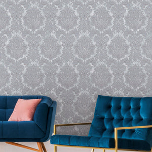 Luxury Silver Damask Embossed 3D Embossed Wallpaper, Coastal Non-Woven Wall Covering, 41.7"W x 398"H, Washable Removable for 