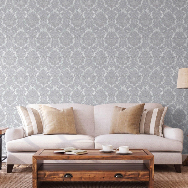 Luxury Silver Damask Embossed 3D Embossed Wallpaper, Coastal Non-Woven Wall Covering, 41.7"W x 398"H, Washable Removable for 