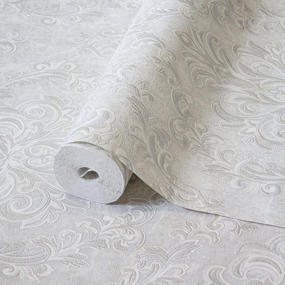 Luxury Gray Damask Embossed 3D Embossed Wallpaper, Elegant Non-Woven Wall Covering, 41.7"W x 398"H, Washable Removable for Li