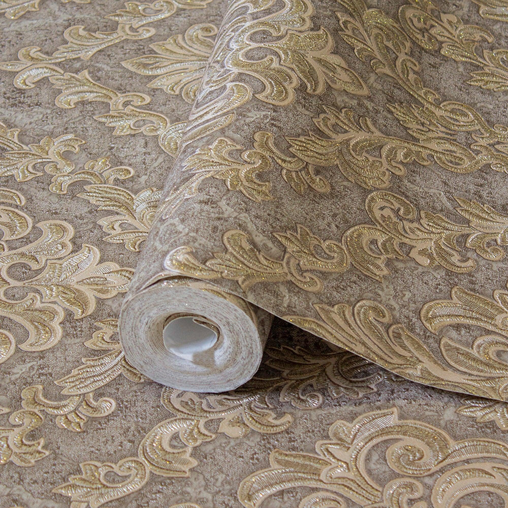 Luxury Brown Damask Embossed 3D Embossed Wallpaper, Elegant Non-Woven Wall Covering, 41.7"W x 398"H, Washable Removable for L