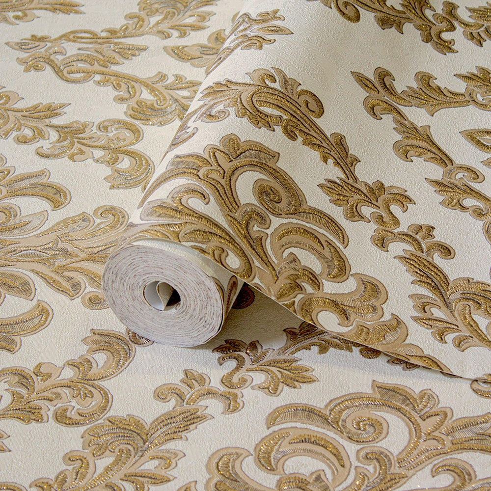 Luxury Gold Damask Embossed 3D Embossed Wallpaper, Glam Non-Woven Wall Covering, 41.7"W x 398"H, Washable Removable for Livin