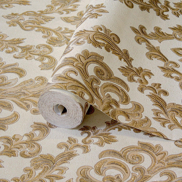 Luxury Gold Damask Embossed 3D Embossed Wallpaper, Glam Non-Woven Wall Covering, 41.7"W x 398"H, Washable Removable for Livin