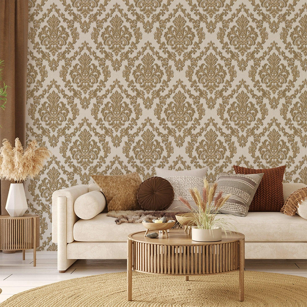 Luxury Gold Damask Embossed 3D Embossed Wallpaper, Glam Non-Woven Wall Covering, 41.7"W x 398"H, Washable Removable for Livin