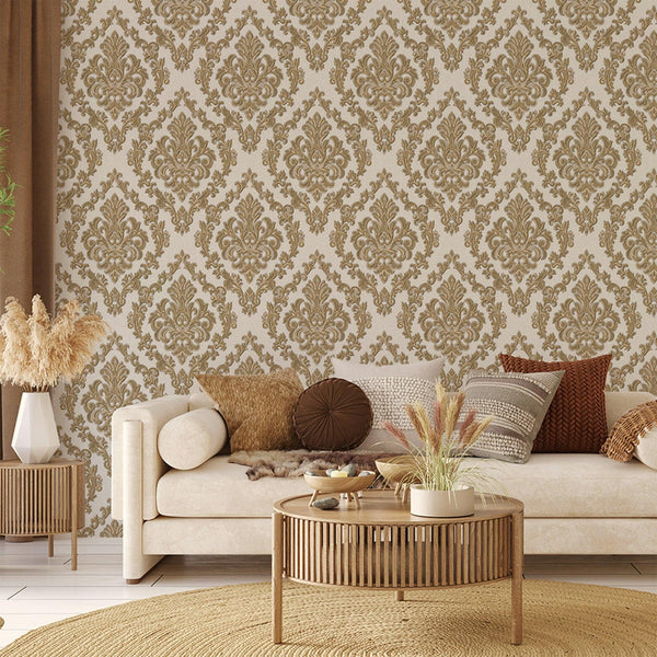 Luxury Gold Damask Embossed 3D Embossed Wallpaper, Glam Non-Woven Wall Covering, 41.7"W x 398"H, Washable Removable for Livin