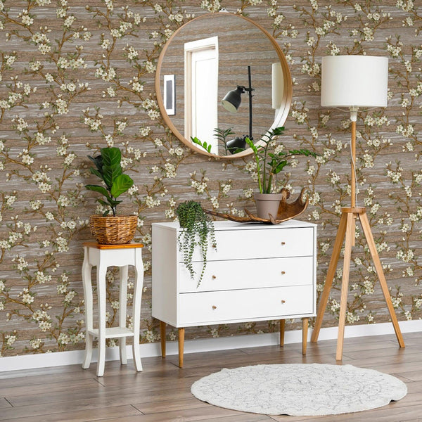 Luxury Brown Chinoiserie Floral Wallpaper, Boho Non-Woven Wall Covering, 41.7"W x 614"H, Washable Removable for Living Room B