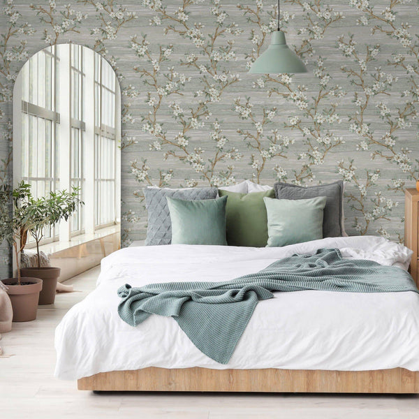 Luxury Green Chinoiserie Floral Wallpaper, Country Non-Woven Wall Covering, 41.7"W x 614"H, Washable Removable for Living Roo