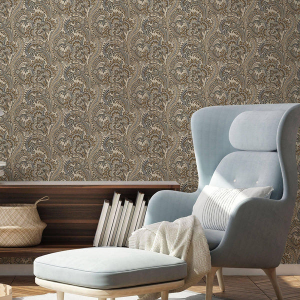 Luxury Brown Paisley Textured Wallpaper, Boho Non-Woven Wall Covering, 41.7"W x 398"H, Washable Removable for Living Room Bed