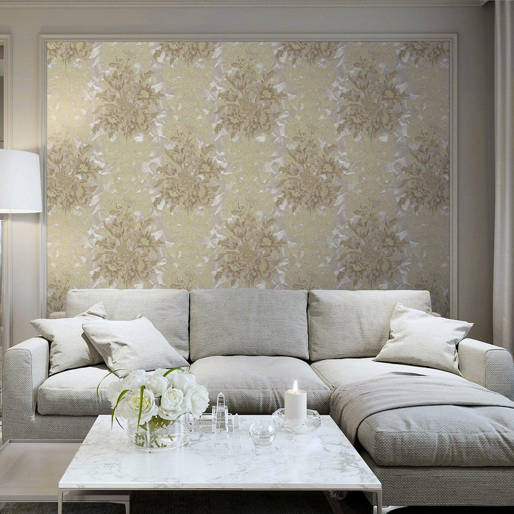 Luxury Tan Floral Damask 3D Embossed Wallpaper, Premium Non-Woven Wall Covering, 41.7"W x 398"H, Washable Removable for Livin