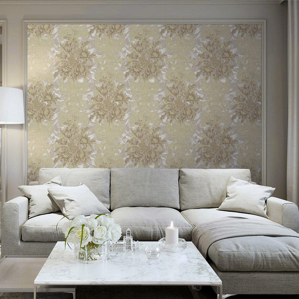 Luxury Tan Floral Damask 3D Embossed Wallpaper, Premium Non-Woven Wall Covering, 41.7"W x 398"H, Washable Removable for Livin