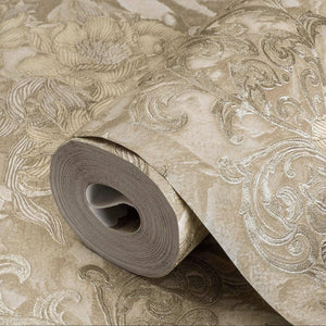 Luxury Tan Floral Damask 3D Embossed Wallpaper, Premium Non-Woven Wall Covering, 41.7"W x 398"H, Washable Removable for Livin