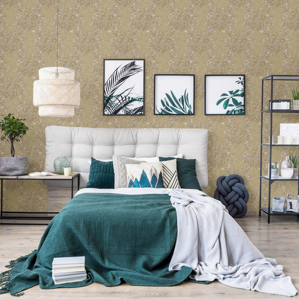 Luxury Tan Floral Damask 3D Embossed Wallpaper, Premium Non-Woven Wall Covering, 41.7"W x 398"H, Washable Removable for Livin
