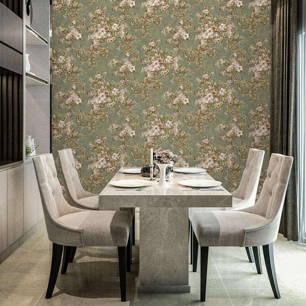 Luxury Green Botanical Textured Wallpaper, Premium Non-Woven Wall Covering, 41.7"W x 398"H, Washable Removable for Living Roo