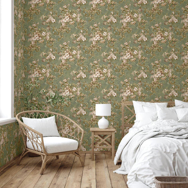 Luxury Green Botanical Textured Wallpaper, Premium Non-Woven Wall Covering, 41.7"W x 398"H, Washable Removable for Living Roo