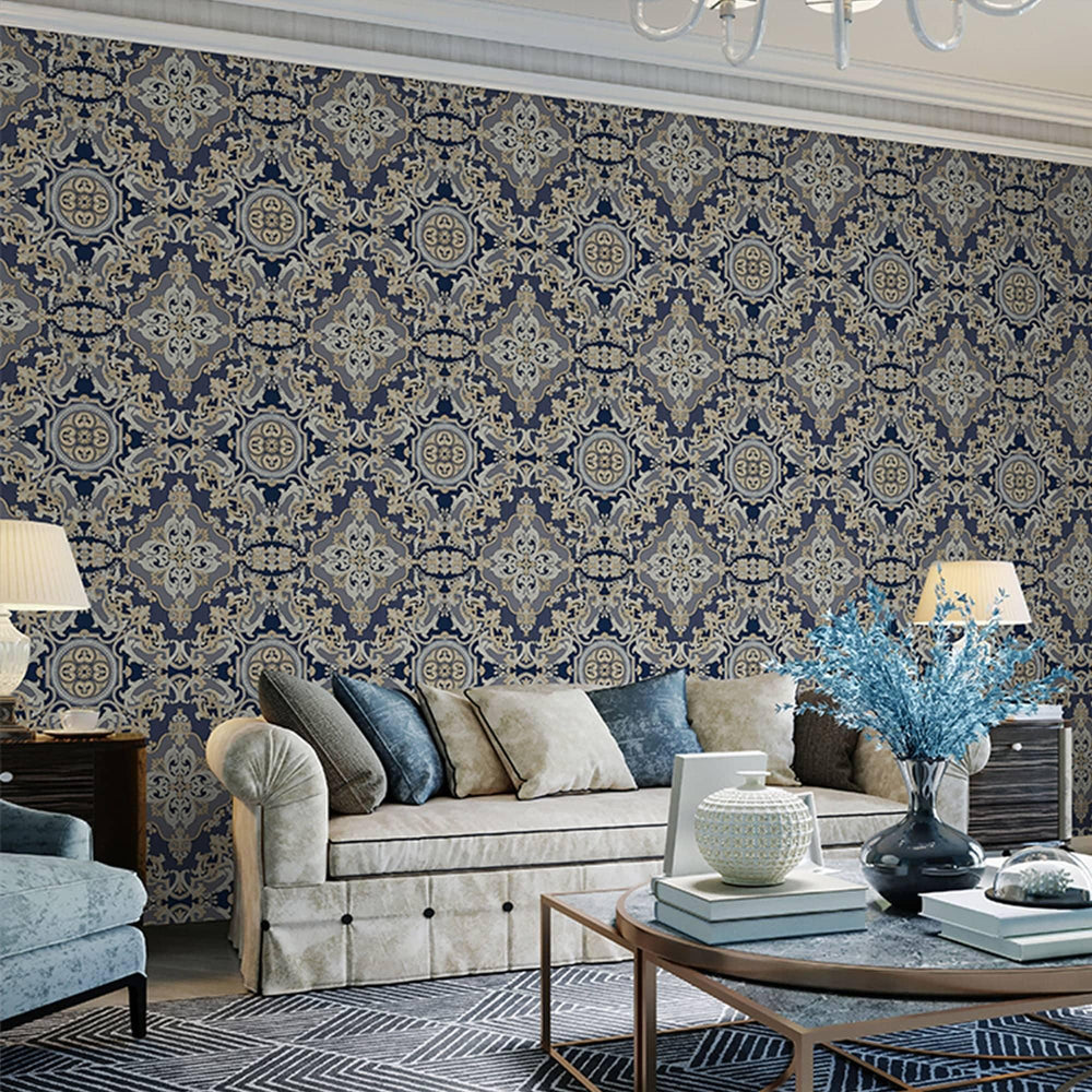 Luxury Blue Damask Embossed 3D Embossed Wallpaper, Boho Non-Woven Wall Covering, 41.7"W x 398"H, Washable Removable for Livin