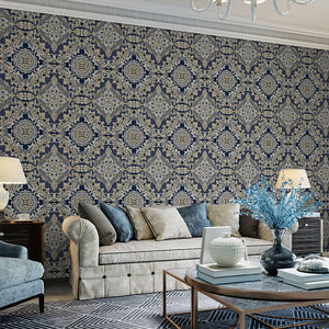Luxury Blue Damask Embossed 3D Embossed Wallpaper, Boho Non-Woven Wall Covering, 41.7"W x 398"H, Washable Removable for Livin