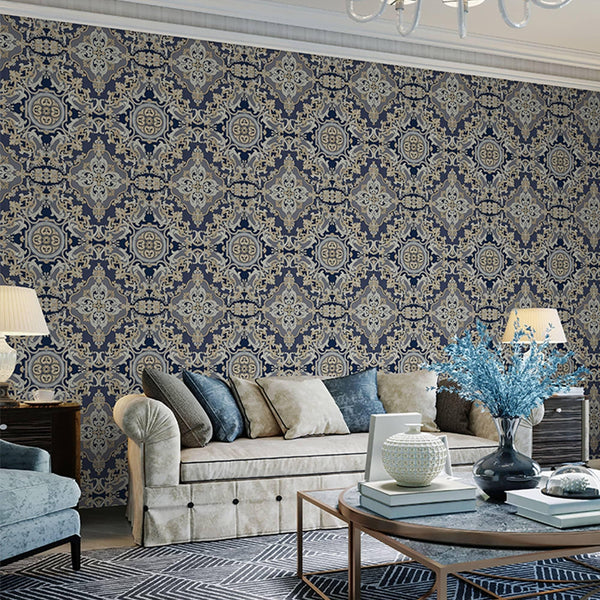 Luxury Blue Damask Embossed 3D Embossed Wallpaper, Boho Non-Woven Wall Covering, 41.7"W x 398"H, Washable Removable for Livin
