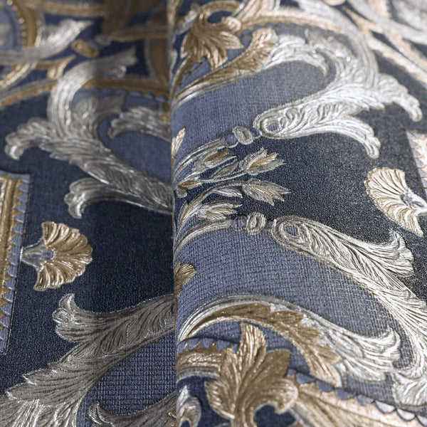 Luxury Blue Damask Embossed 3D Embossed Wallpaper, Boho Non-Woven Wall Covering, 41.7"W x 398"H, Washable Removable for Livin