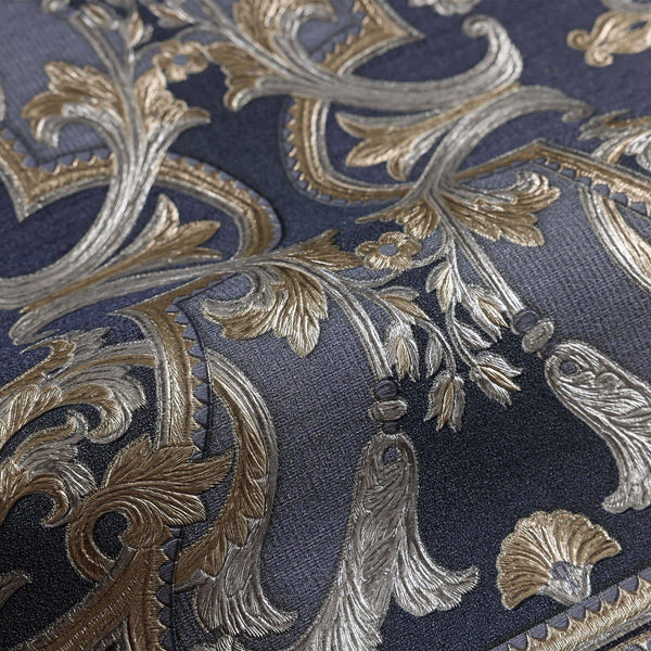 Luxury Blue Damask Embossed 3D Embossed Wallpaper, Boho Non-Woven Wall Covering, 41.7"W x 398"H, Washable Removable for Livin