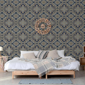 Luxury Blue Damask Embossed 3D Embossed Wallpaper, Boho Non-Woven Wall Covering, 41.7"W x 398"H, Washable Removable for Livin