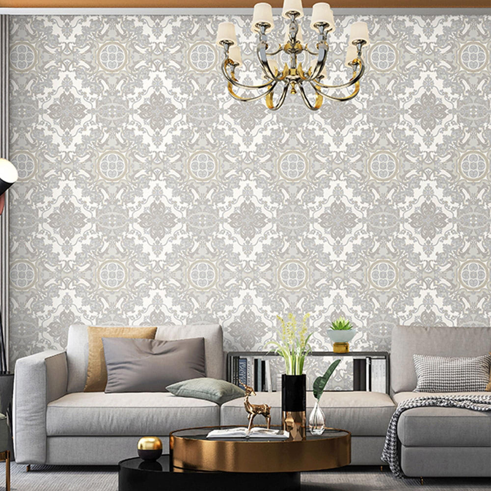 Luxury Silver Damask Embossed 3D Embossed Wallpaper, Premium Non-Woven Wall Covering, 41.7"W x 398"H, Washable Removable for 