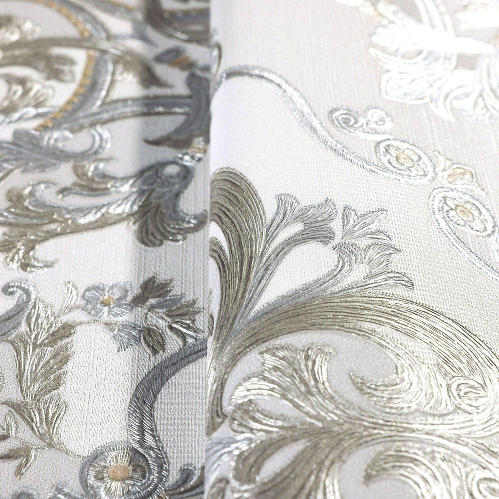 Luxury Silver Damask Embossed 3D Embossed Wallpaper, Premium Non-Woven Wall Covering, 41.7"W x 398"H, Washable Removable for 