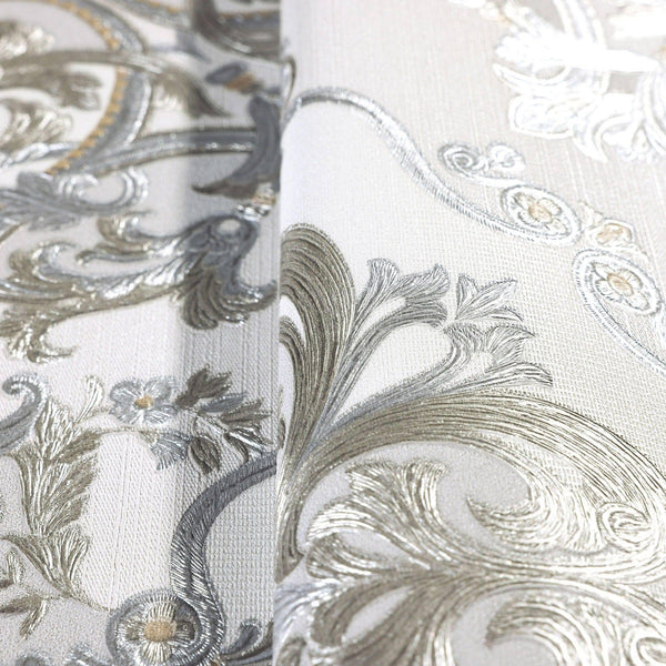 Luxury Silver Damask Embossed 3D Embossed Wallpaper, Premium Non-Woven Wall Covering, 41.7"W x 398"H, Washable Removable for 