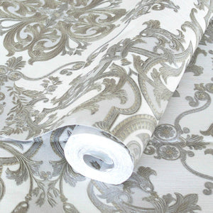 Luxury Silver Damask Embossed 3D Embossed Wallpaper, Premium Non-Woven Wall Covering, 41.7"W x 398"H, Washable Removable for 